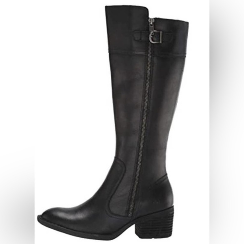 Born Fannar Black Leather Knee High Side Zip Block Heel Riding Boots, Size 8